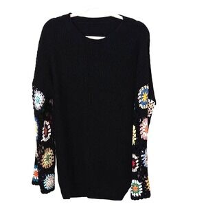 Shein Black Crochet Sleeve Sweater Womens Large Knit Pullover Boho, 70's Vibe